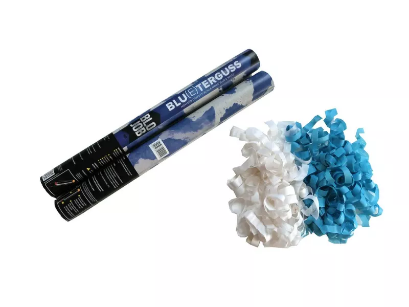Blueterguss Flitter Shooter Blau-Weiß 50 cm – Konfetti Kanone mit Papierflitter – Schwer entflammbar